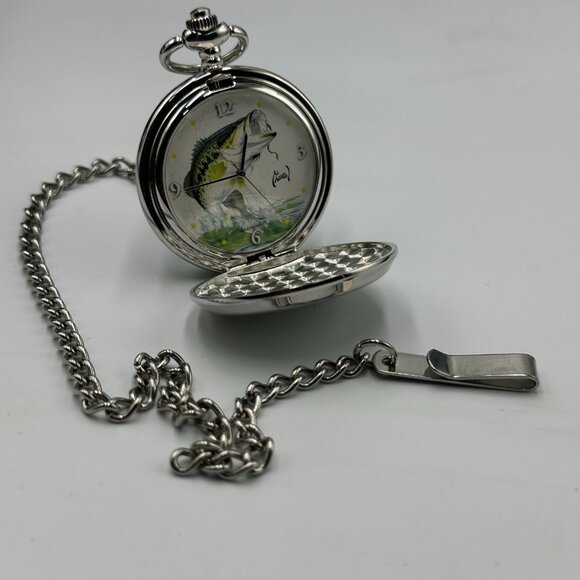 Al Agnew Pocket Watch Men Silver Tone Bass Fish Dial Chain Included New Battery - Picture 2 of 12